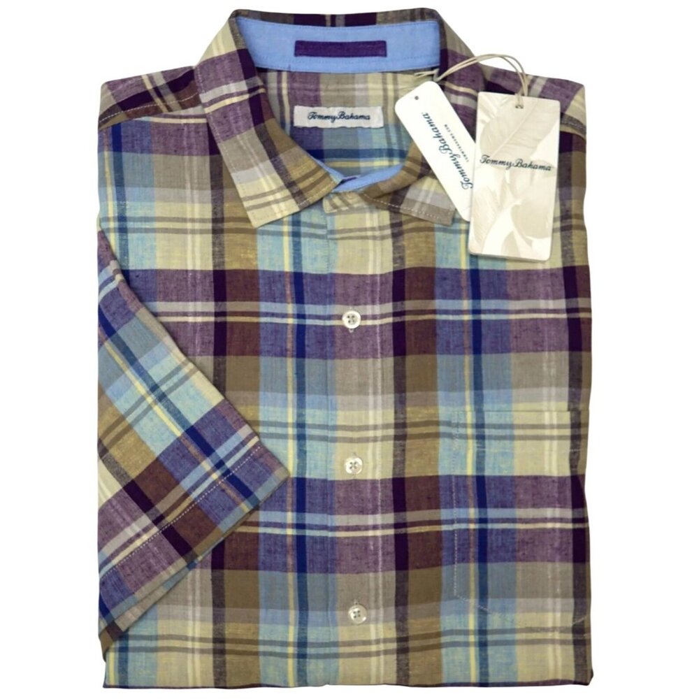Tommy Bahama Mens Size Small Sparkling Grape La Paz Plaid Linen IslandZone Shirt